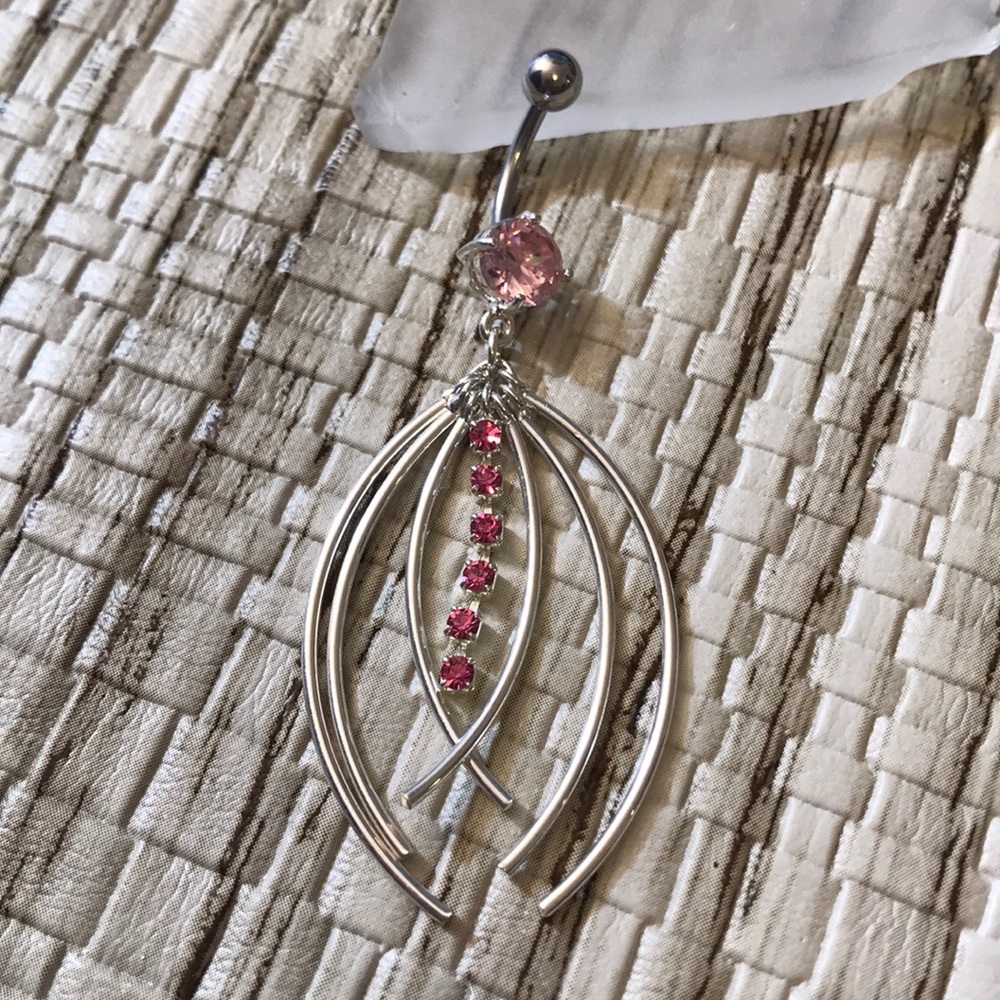 Pink gem dangle belly button ring